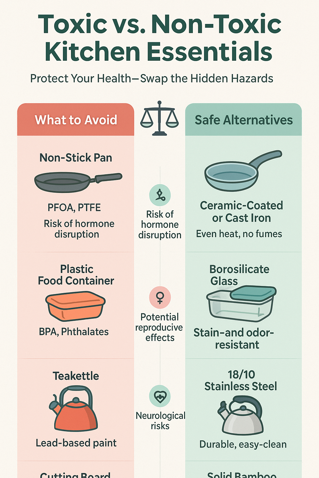 Infographic comparing toxic and non-toxic kitchen items highlighting harmful chemicals and their health impacts, with examples of safe alternatives