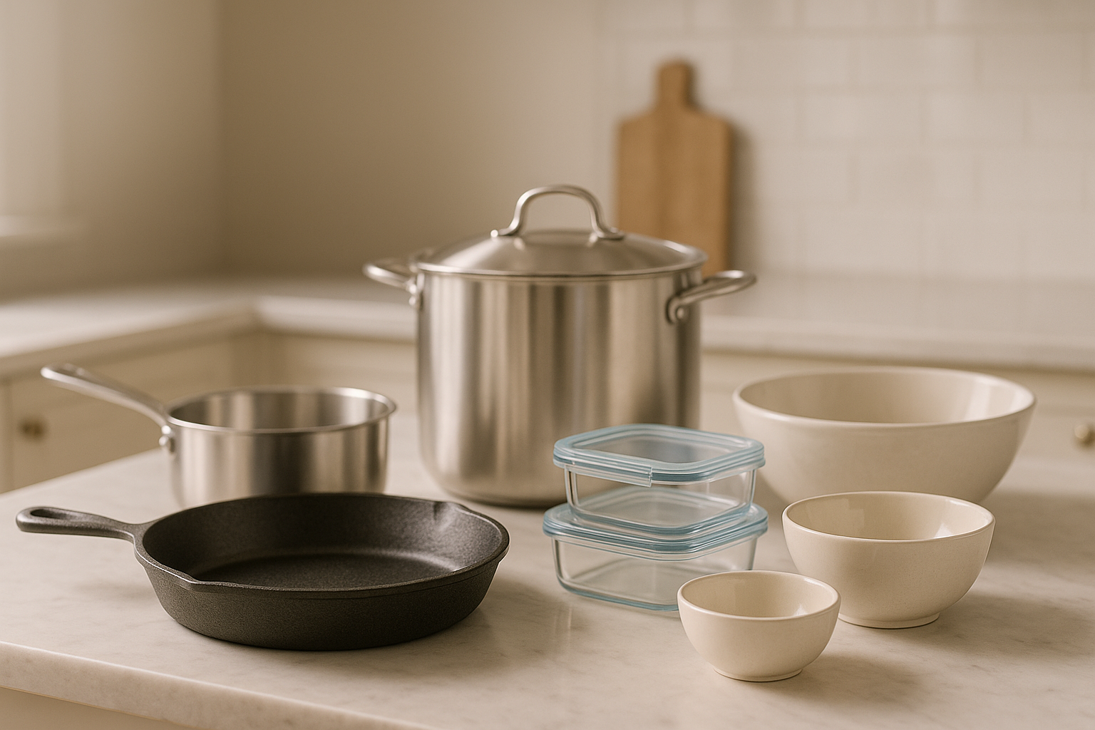 Green blocks listing Stainless Steel (free of harmful coatings), Cast Iron (durable and long‑lasting), and Ceramic (safe and non‑reactive) with matching icons.