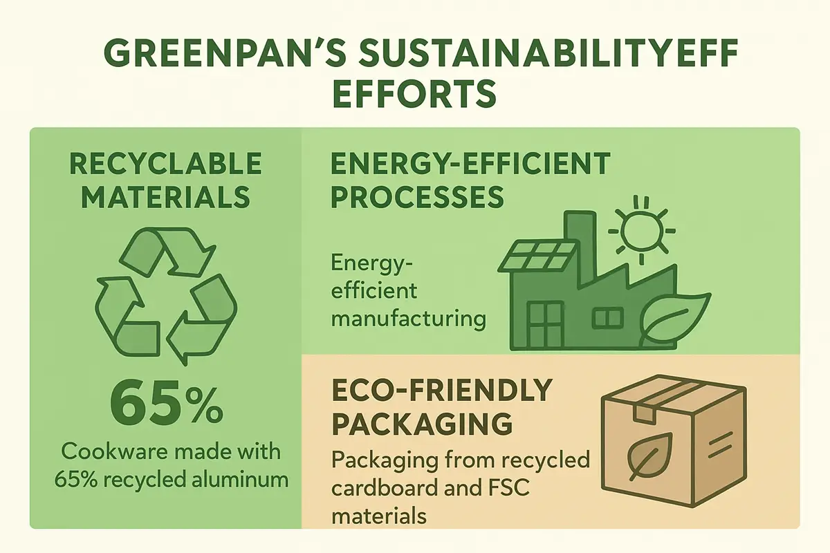 Infographic outlining GreenPan's commitment to sustainability in cookware production, showcasing recyclable materials and eco-friendly practices